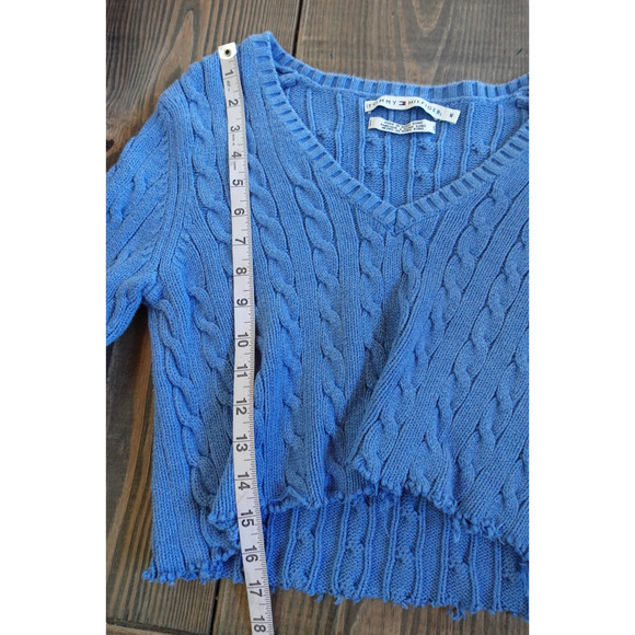 Vintage 90s Tommy Hilfiger Sweater Womens Medium Blue Cutoff Boxy Cropped Grunge - Picture 5 of 6